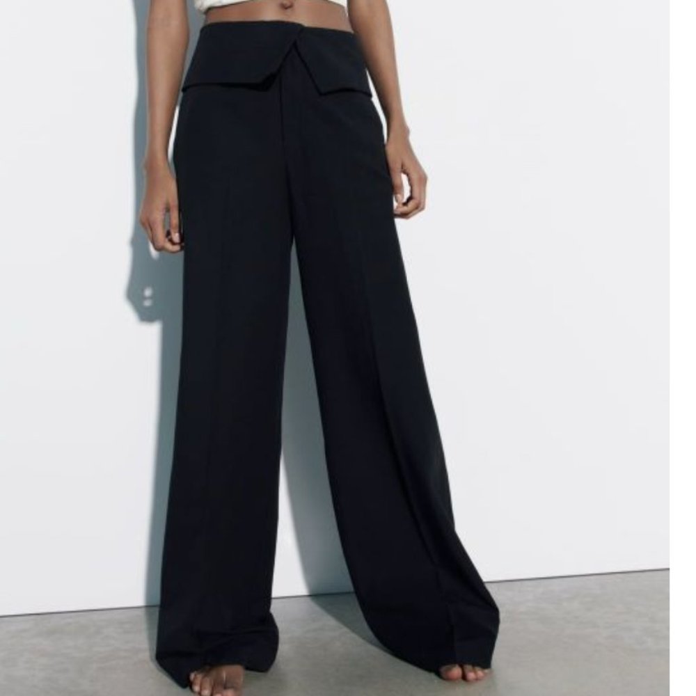 ZARA HIGH RISE FOLD DOWN WAISTBAND BLACK LONG LINEN BLEND PANT TROUSERS - Picture 8 of 8